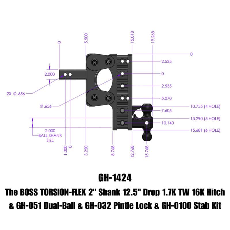 GEN-Y Hitch — Gen-Y The Boss Torsion-Flex 2in Shank 12.5in Drop 16K Hitch w/GH-051 Dual-Ball/Pintle Lock/Stab Kit
Drop Hitch - view 2
