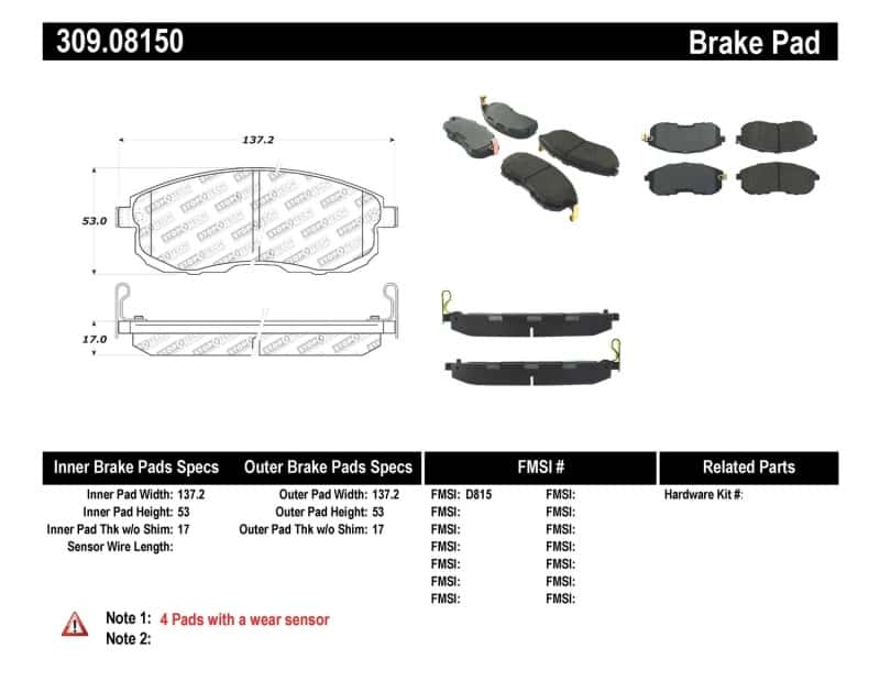 Stoptech — StopTech Performance 02-05 Infiniti G35 / 07-09 Nissan Altima/Sentra / 6/02-05 350Z Front Brake Pa
Sprt Brk Pad W/Hdwr - view 1