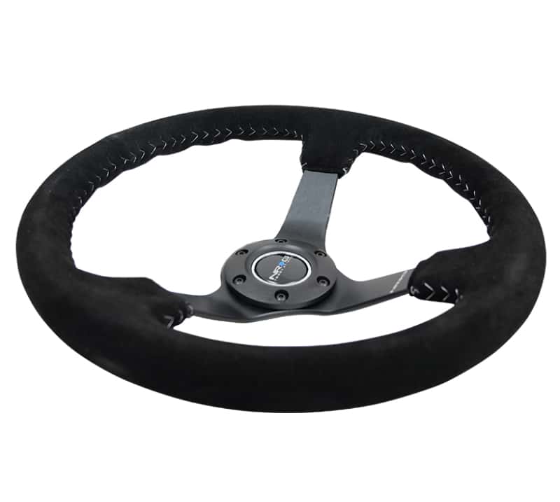 NRG — NRG Reinforced Steering Wheel (350mm / 3in. Deep) Blk Suede/Silver BBall Stitch w/5mm Mt. Blk Spokes - view 5