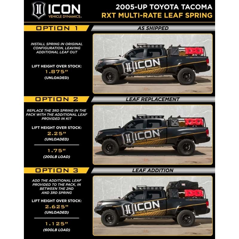 ICON — ICON 2005+ Toyota Tacoma Multi Rate RXT Leaf Pack w/Add In Leaf
RXT LEAF SPRING
LEAF SPRING - view 3