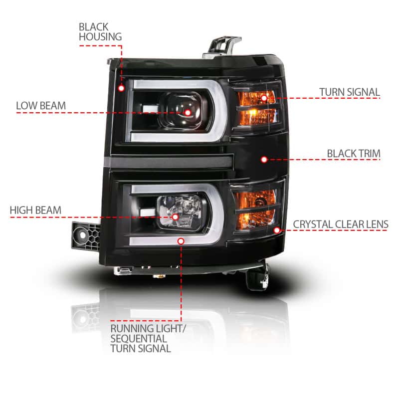 ANZO — ANZO 14-15 Chevy Silverado 1500 Black Dual Switchback+Sequential LED Tube Sq. Projector Headlights
Head Light Set
HdLtSet - view 5