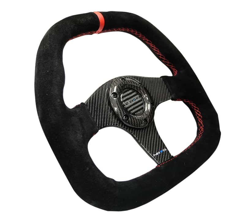 NRG — NRG Carbon Fiber Steering Wheel (320mm) Flat Btm. Blk Suede/Red Stitch w/CF Spokes & Red Center Mark - view 2
