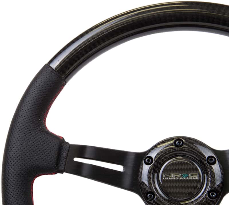 NRG — NRG Carbon Fiber Steering Wheel (350mm /1.5in. Deep) Leather Trim w/Red Stitch & Slit Cutout Spokes - view 3