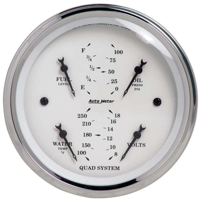 AutoMeter — Autometer Old Tyme White 3-3/8in Short Sweep Electric Quad Gauge-Oil Press 0-100 PSI/Water Temp100-
3-3/8" QUAD GAUGE, O - view 2