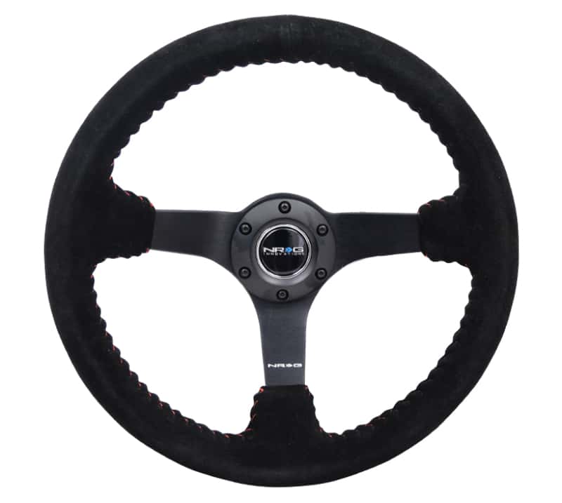 NRG — NRG Reinforced Steering Wheel (350mm / 3in. Deep) Blk Suede/Red BBall Stitch w/5mm Matte Blk Spokes - view 1
