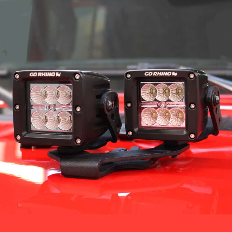 Go Rhino — Go Rhino 18-20 Jeep Wrangler JL/JLU/Gladiator JT Light Mount - Two 3in Cubes
Center Hood Mount - view 2