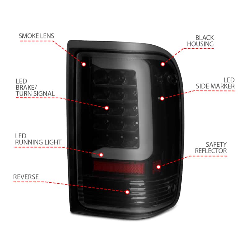 ANZO — ANZO 1993-1997 Ford  Ranger LED Tail Lights w/ Light Bar Black Housing Smoked Lens - view 11