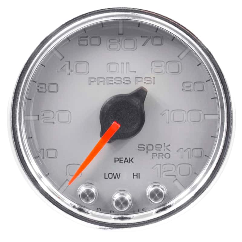 AutoMeter — Autometer Spek-Pro Gauge Oil Press 2 1/16in 120psi Stepper Motor W/Peak & Warn Slvr/Chrm
GA 2" OILP SCC SPEK - view 4