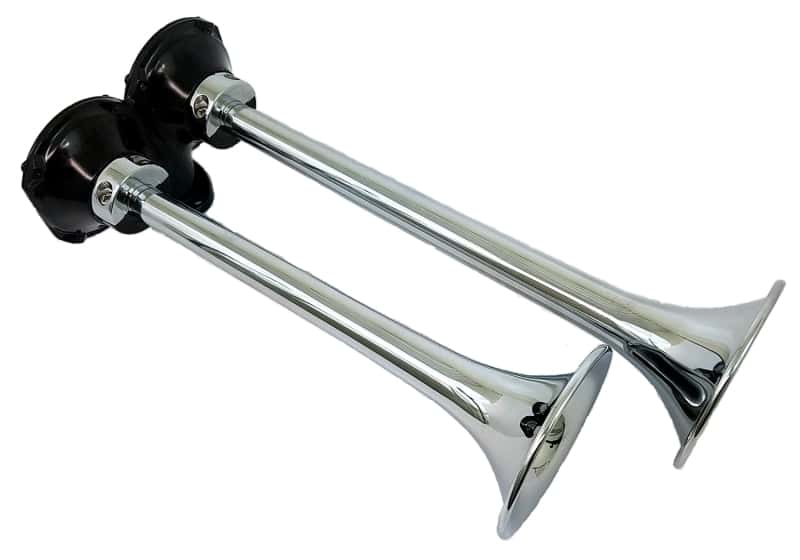 Kleinn Air Horns — Kleinn Chrome Roof Mount Dual Horn/ 13.5In/11.5In - Chrome-Plated Spun Copper
Dual Roof Mount Horn - view 2