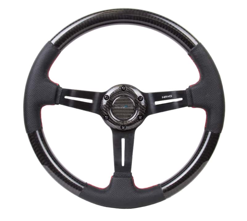 NRG — NRG Carbon Fiber Steering Wheel (350mm /1.5in. Deep) Leather Trim w/Red Stitch & Slit Cutout Spokes - view 1