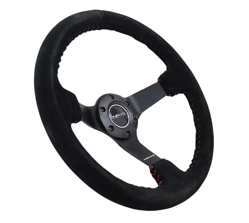 NRG — NRG Reinforced Steering Wheel (350mm / 3in. Deep) Blk Suede/Red BBall Stitch w/5mm Matte Blk Spokes - view 2