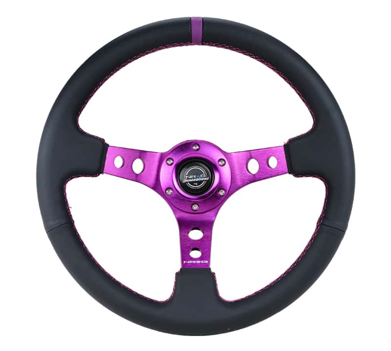 NRG — NRG Reinforced Steering Wheel (350mm / 3in. Deep) Black Leather w/Purple Center & Purple Stitching - view 1