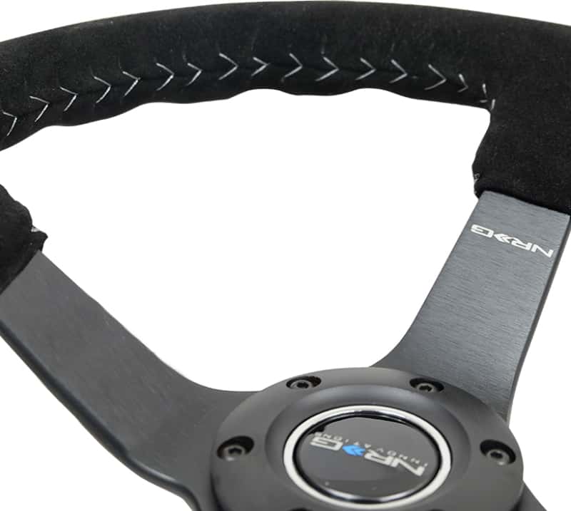 NRG — NRG Reinforced Steering Wheel (350mm / 3in. Deep) Blk Suede/Silver BBall Stitch w/5mm Mt. Blk Spokes - view 6