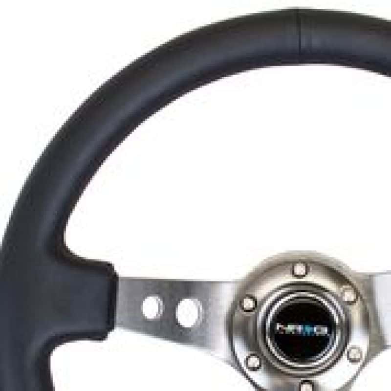 NRG — NRG Reinforced Steering Wheel (350mm / 3in. Deep) Blk Leather w/Gunmetal Circle Cutout Spokes - view 1