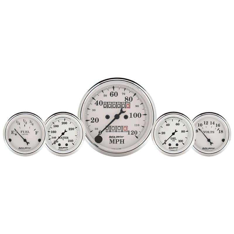 AutoMeter — AutoMeter Gauge Kit 5 Pc. 3-1/8in. & 2-1/16in. Mech. Speedo. Wtmp & Oilp Old Tyme Wht
OLD TYME WHITE 5 PC. - view 1