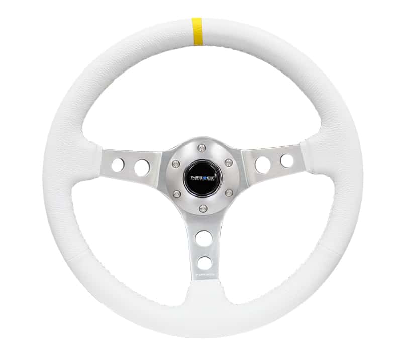 NRG — NRG Reinforced Steering Wheel (350mm / 3in. Deep) Wht Leather w/Silver Spoke & Single Yellow Mark - view 1