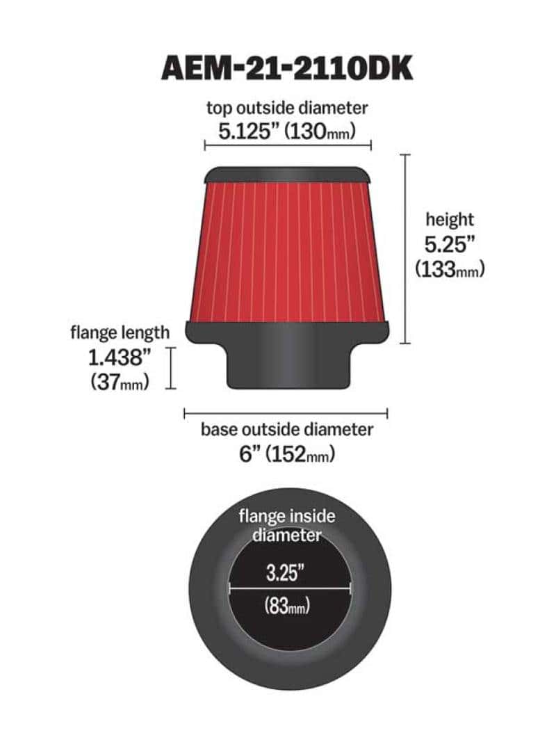 AEM Induction — AEM 3.25 in DRY Flow Short Neck 5 in Element Filter
AEM DryFlow Air Filt - view 3