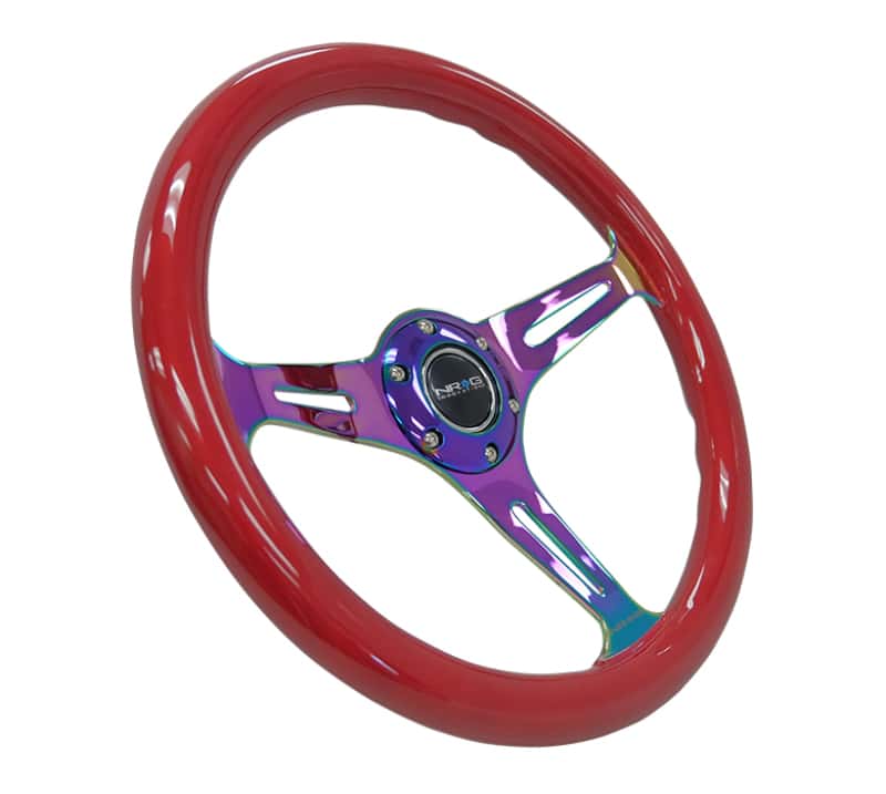 NRG — NRG Classic Wood Grain Steering Wheel (350mm) Red Grip w/Neochrome 3-Spoke Center - view 2