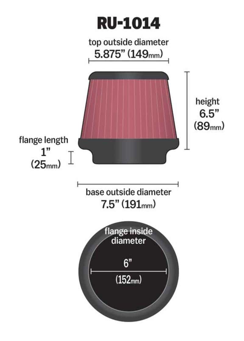 K&N Engineering — K&N Universal Tapered Filter 6in Flange ID x 7.5in Base OD x 5.875in Top OD x 6.5in Height
Universal Clamp-On A
Clamp-on Air Filter - view 3