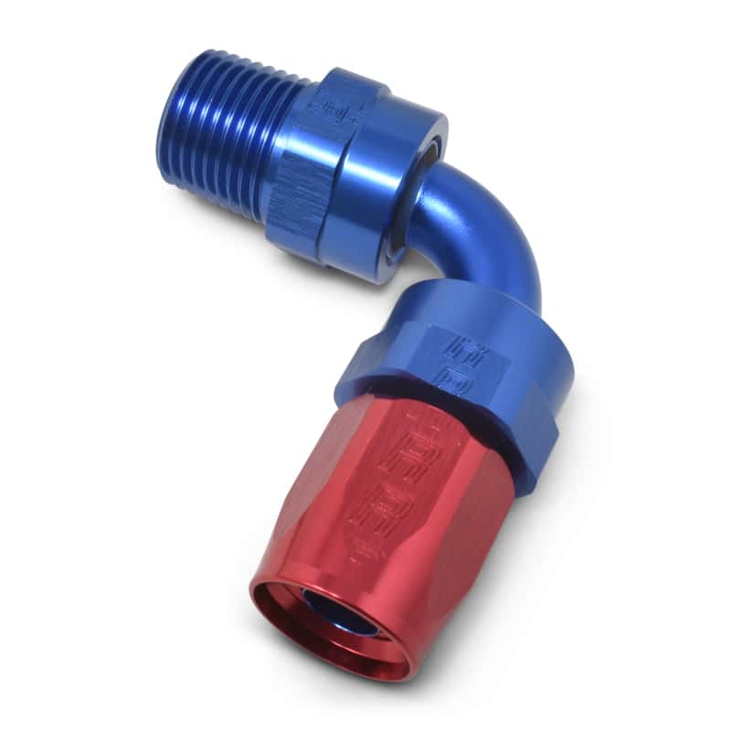 Russell — Russell Performance -10 AN Red/Blue 90 Deg Full Flow Swivel Pipe Thread Hose End (With 1/2in NPT)
Hose Fitting - view 5