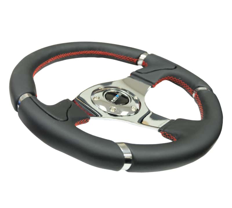 NRG — NRG Reinforced Steering Wheel (320mm) Blk Leather/Red Stitching w/Chrome 3-Spoke Center - view 4