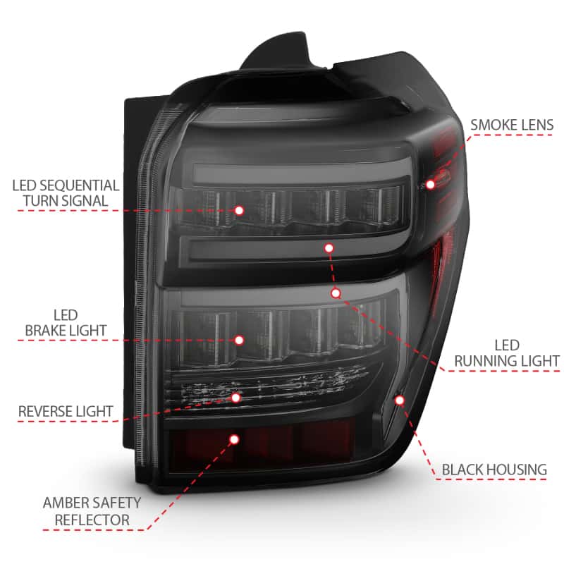 ANZO — ANZO 2014-2020 Toyota 4Runner T.L Black Housing Smoke Lens Red Light Bar W/Sequential
Tail Light Set - view 12