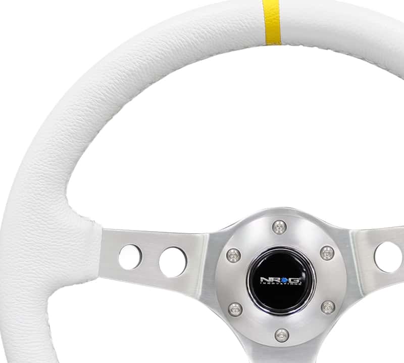 NRG — NRG Reinforced Steering Wheel (350mm / 3in. Deep) Wht Leather w/Silver Spoke & Single Yellow Mark - view 6