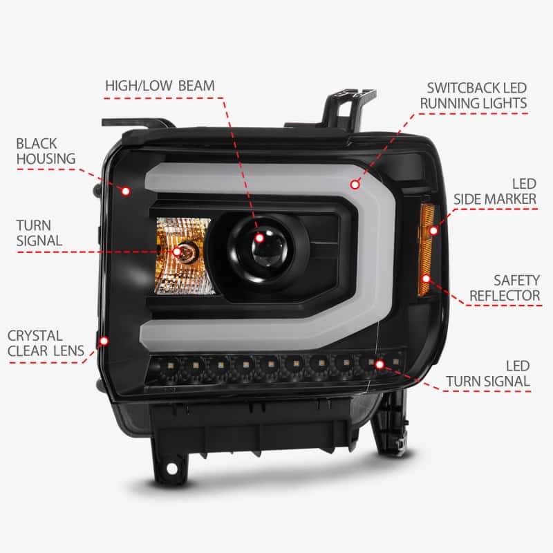 ANZO — ANZO GMC SIERRA 1500 14-15 2500H/15-19 Projector Headlight Plank Style Black w/ Switchback (Halogen)
Head Light Set
HdLtSet - view 11