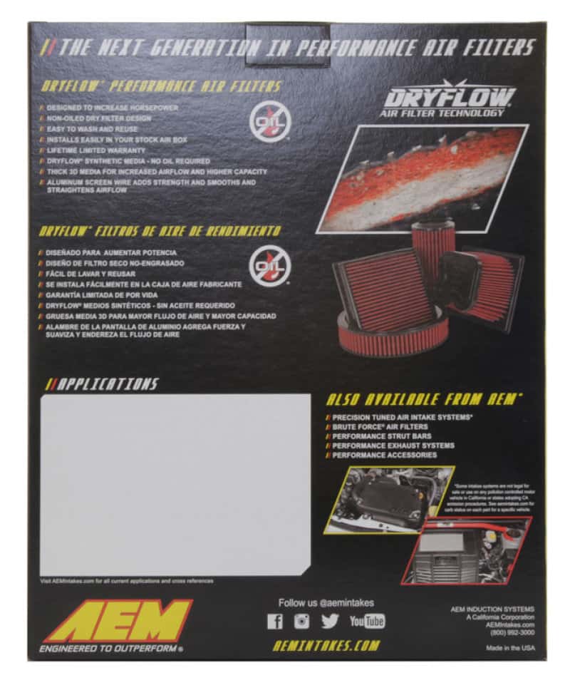AEM Induction — AEM 12-20 Chevrolet Malibu 1.5L/1.8L/2.0L DryFlow Air Filter
AEM DryFlow Air Filt - view 6
