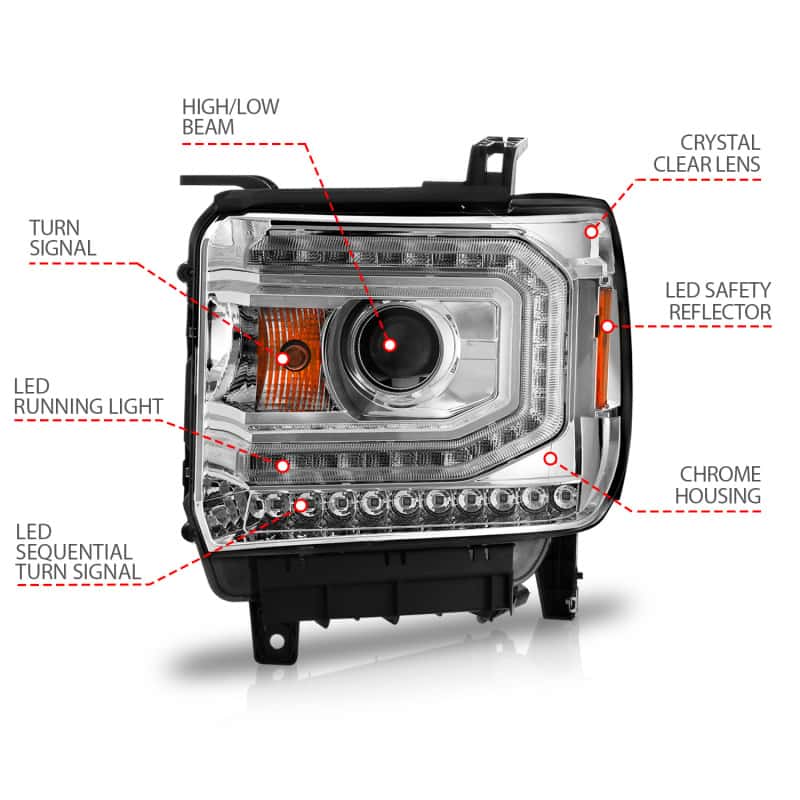 ANZO — ANZO 2014-2015 GMC Sierra 1500 Projector Headlights w/ Light Bar Chrome Housing (Halogen Type)
Head Light Set
HdLtSet - view 11