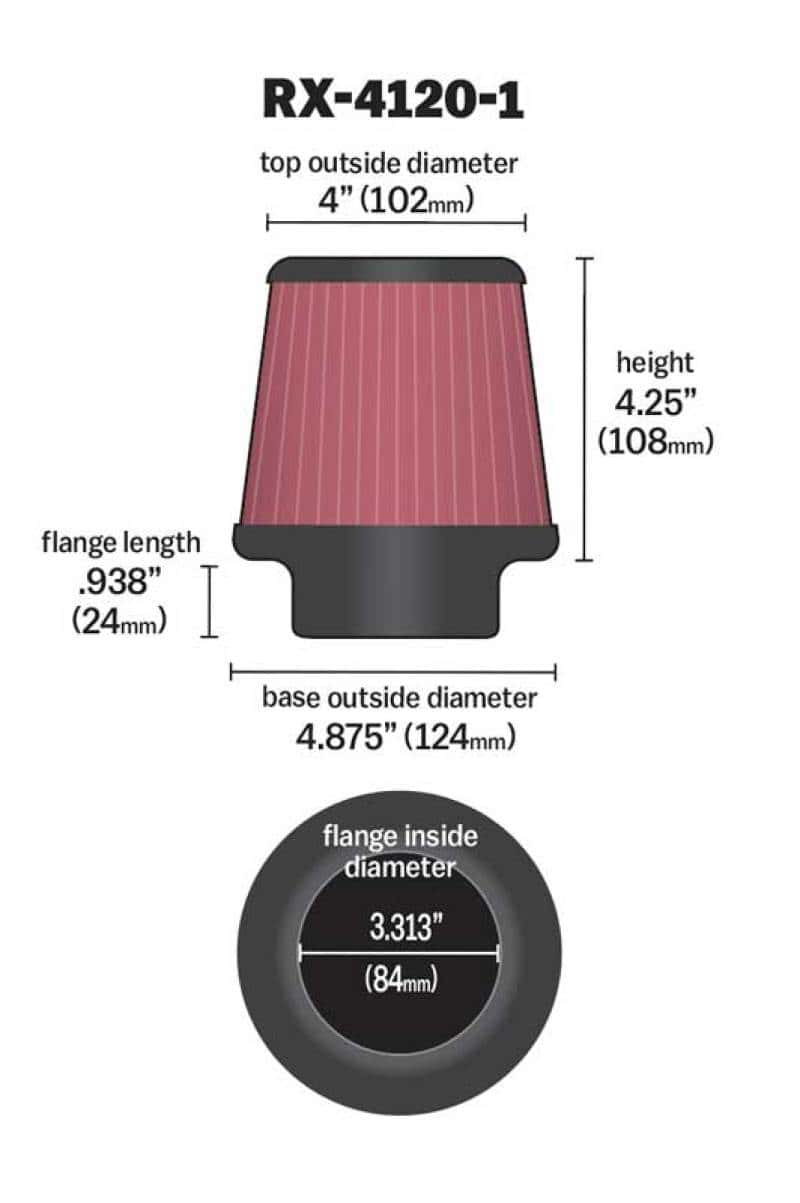 K&N Engineering — K&N Universal X-Stream Clamp-On Air Filter 3.313in Flg ID/4.875in Base OD/4in Top OD/4.25in H
Clamp-on Air Filter - view 3