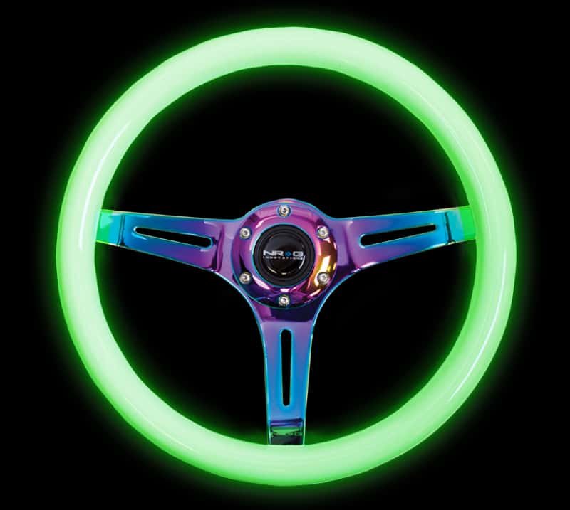 NRG — NRG Classic Wood Grain Steering Wheel (350mm) Glow-N-The-Dark Green Grip w/Neochrome 3-Spoke Center - view 4