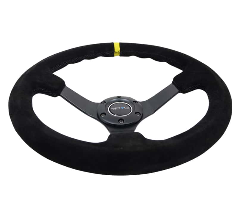 NRG — NRG Reinforced Steering Wheel (350mm / 3in. Deep) Blk Suede/X-Stitch w/5mm Blk Spoke & Yellow CM - view 4