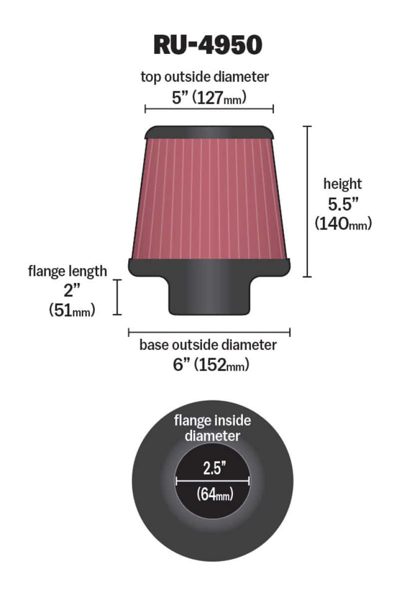 K&N Engineering — K&N Filter Universal Rubber Filter 2 1/2 inch Flange 6 inch Base 5 inch Top 5 1/2 inch Height
Universal Clamp-On A
Clamp-on Air Filter - view 3