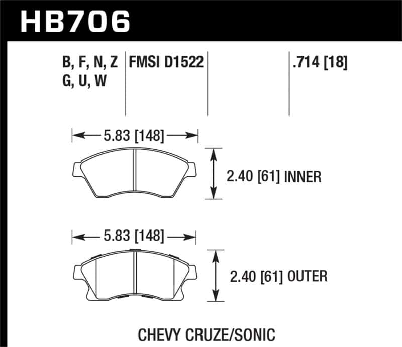 Hawk Performance — Hawk 11-12 Chevy Cruze Eco/LS/1LT/2LT/LTZ / 12 Sonic LS/LT/LTZ DTC-60 Front Race Brake Pads
Disc Brake Pad - view 2
