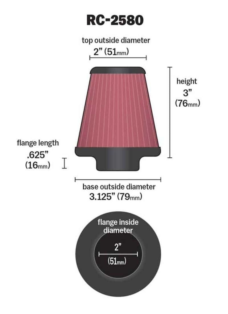 K&N Engineering — K&N Universal Clamp-On Air Filter 2in FLG / 3-1/8in B / 2in T / 3in L
Universal Clamp-On A
Clamp-on Air Filter - view 2