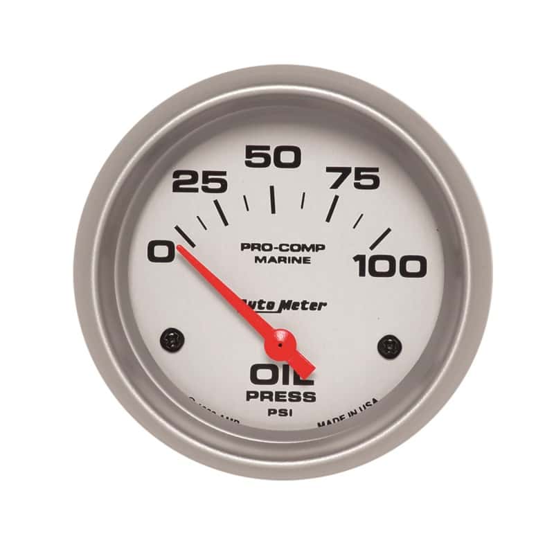AutoMeter — Autometer Marine Silver Ultra-Lite 2-5/8in 100PSI Electric Oil Pressure Gauge
GA 2.6" OP 100 E MS - view 2