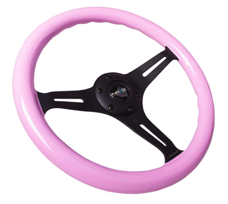 NRG — NRG Classic Wood Grain Steering Wheel (350mm) Solid Pink Painted Grip w/Black 3-Spoke Center - view 3