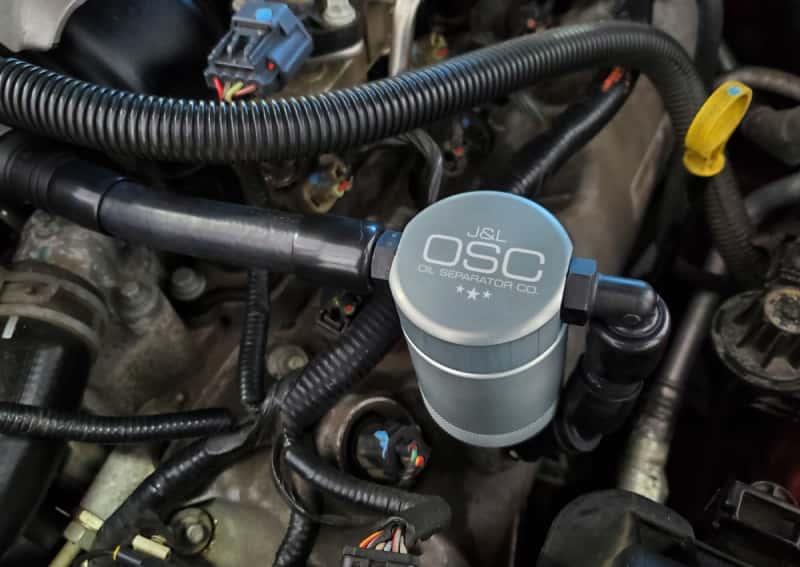 J&L — J&L 05-10 Ford Mustang GT Driver Side Oil Separator 3.0 V2 - Clear Anodized
Oil Separator - view 2