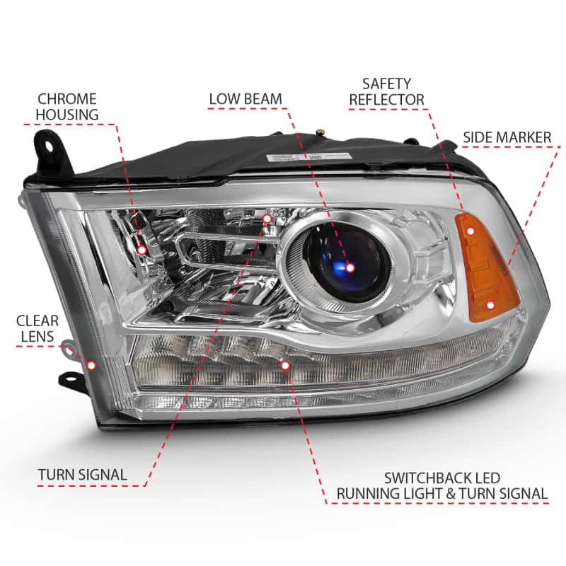ANZO — ANZO 2009-2018 Dodge Ram 1500 Projector Plank Style Switchback H.L Halo Chrome Amber (OE Style)
Projector Headlights
Head Light Set - view 8
