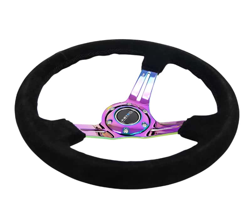 NRG — NRG Reinforced Steering Wheel (350mm / 3in. Deep) Blk Suede/Blk Stitch w/Neochrome Slits - view 3