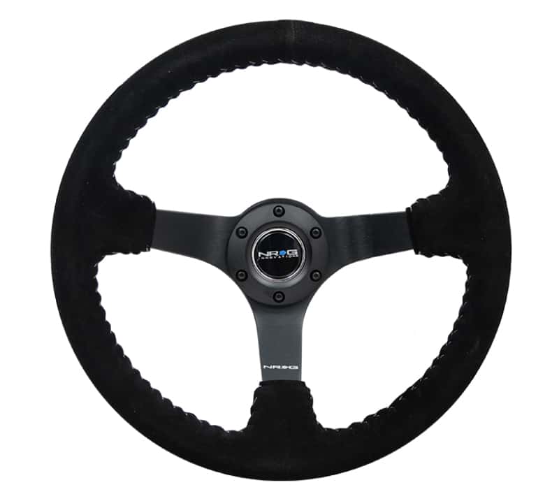 NRG — NRG Reinforced Steering Wheel (350mm / 3in. Deep) Blk Suede/Silver BBall Stitch w/5mm Mt. Blk Spokes - view 1