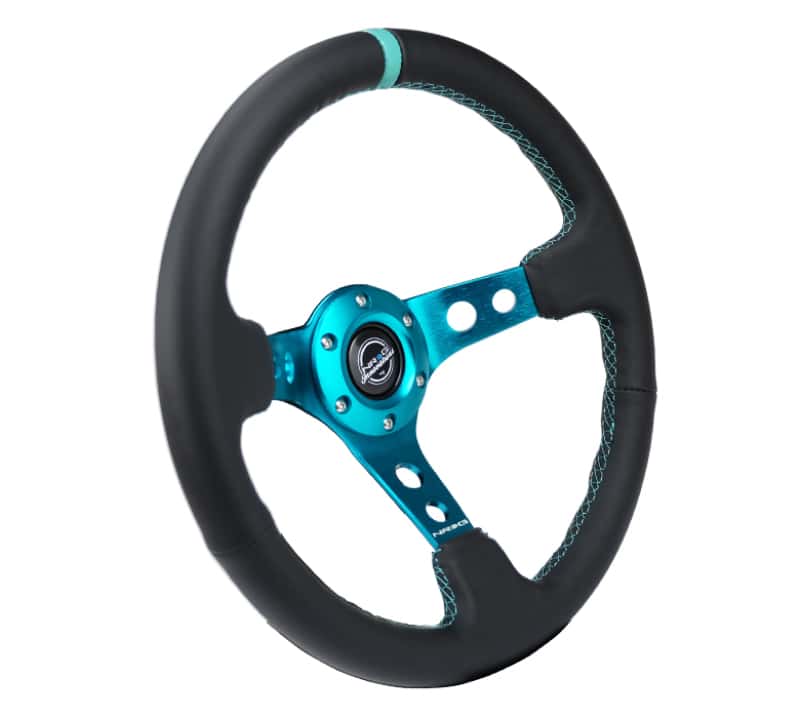 NRG — NRG Reinforce Steering Wheel (350mm / 3in. Deep) Blk Leather, Teal Center Mark w/ Teal Stitching - view 2