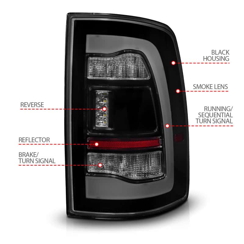 ANZO — ANZO 09-18 Dodge Ram 1500 Sequential LED Taillights Smoke Black
Tail Light Set
TailLightSet - view 10
