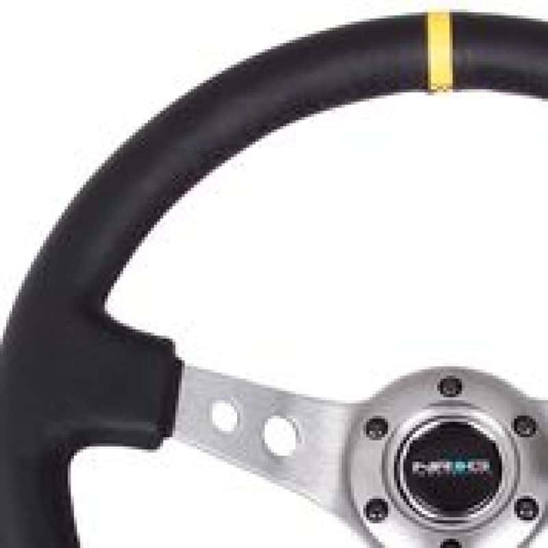 NRG — NRG Reinforced Steering Wheel (350mm / 3in. Deep) Blk Leather w/Gunmetal Cutout Spoke & Yellow CM - view 1