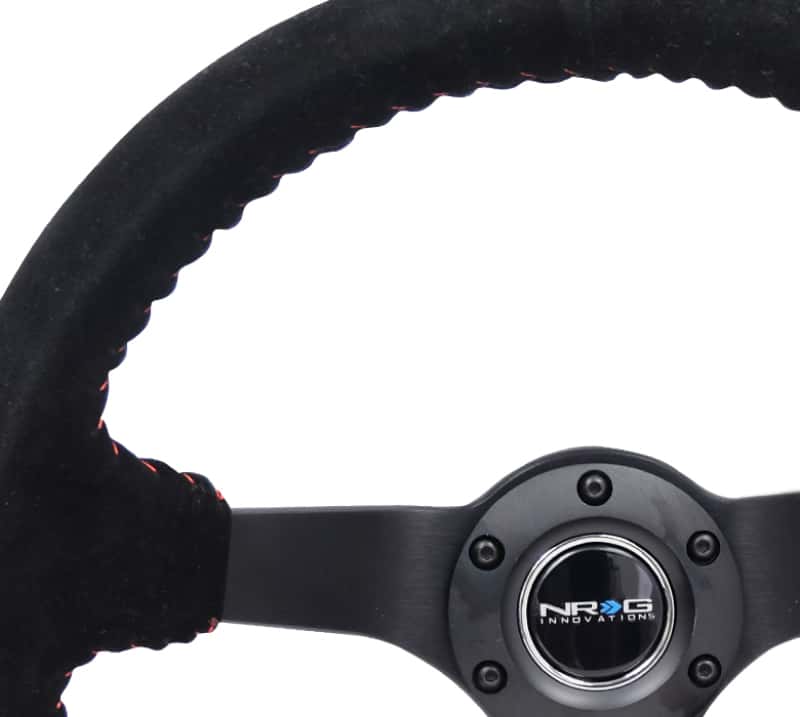 NRG — NRG Reinforced Steering Wheel (350mm / 3in. Deep) Blk Suede/Red BBall Stitch w/5mm Matte Blk Spokes - view 3
