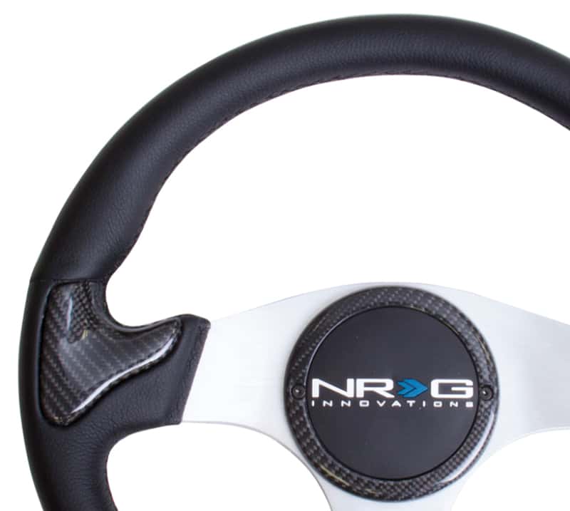 NRG — NRG Carbon Fiber Steering Wheel (350mm) Silver Frame Blk Stitching w/Rubber Cover Horn Button - view 2