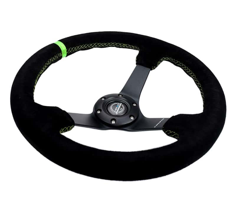 NRG — NRG Reinforced Steering Wheel 350mm/3in. Deep Blk Suede/ Neon Green Stitch w/5mm Matte Black Spoke - view 3