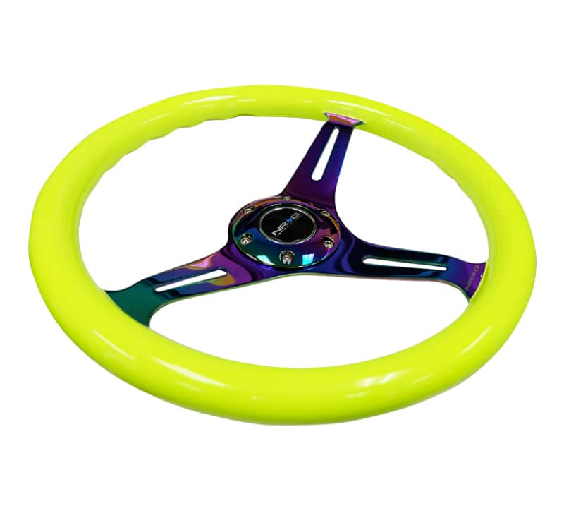 NRG — NRG Classic Wood Grain Steering Wheel (350mm) Neon Yellow Color w/Neochrome Spokes - view 4