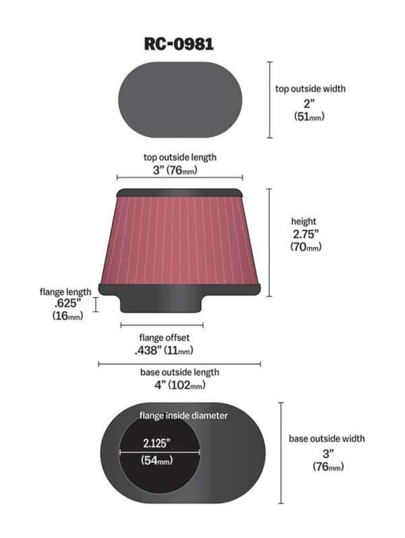 K&N Engineering — K&N Uni Chrome Oval Tapered Filter 2.125in FlgID x 4inB OL x 3inB OW x 3inT OL x 2inT OW x 2.75in H
Universal Clamp-On A
Clamp-on Air Filter - view 11